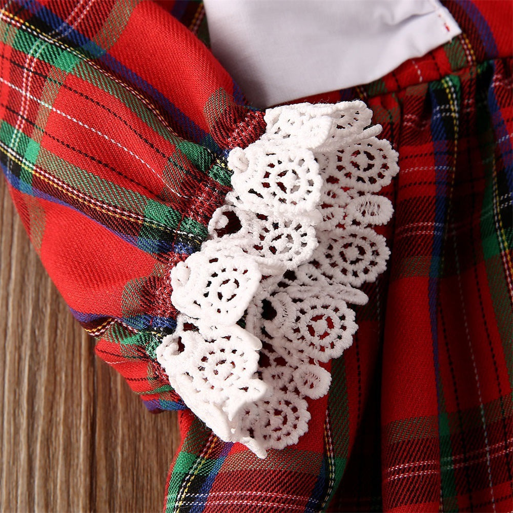 Round Neck Lace Long Sleeve Western Style Plaid Dress