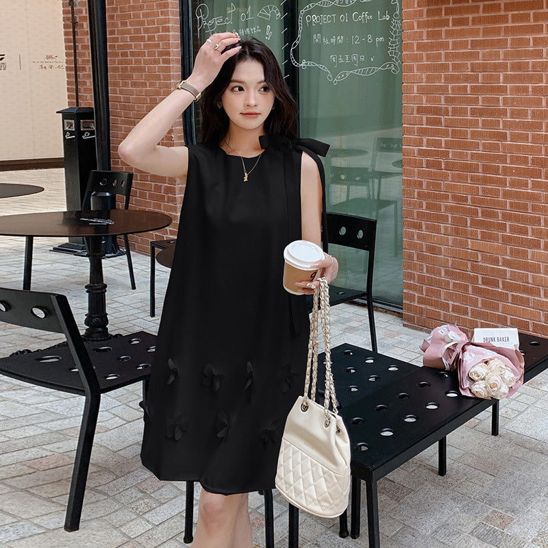 Bowknot Lace-up Slimming Loose Three-dimensional Petals Design Beige Sleeveless Dress