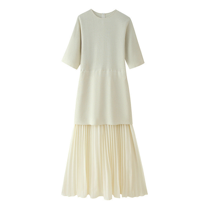 Fashionable Elegant Brown Patchwork Pleated Dress