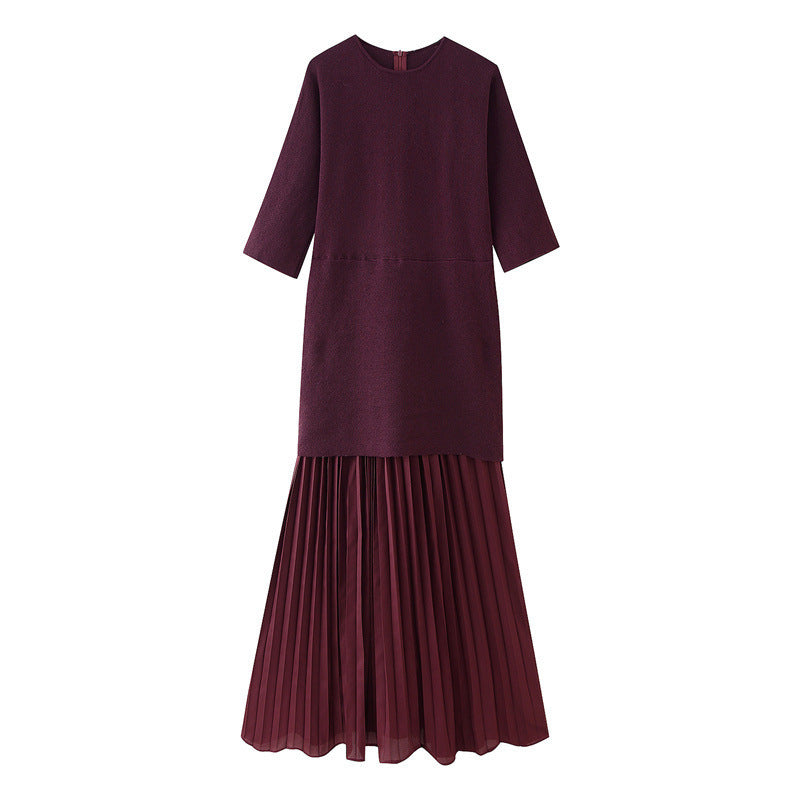 Fashionable Elegant Brown Patchwork Pleated Dress