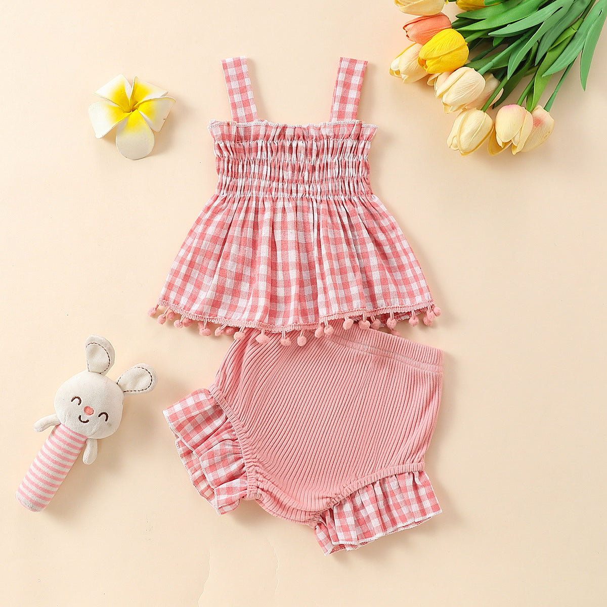 Baby Girl Cute Plaid Sling Half-length Lace Skirt Shorts Two-piece Suit