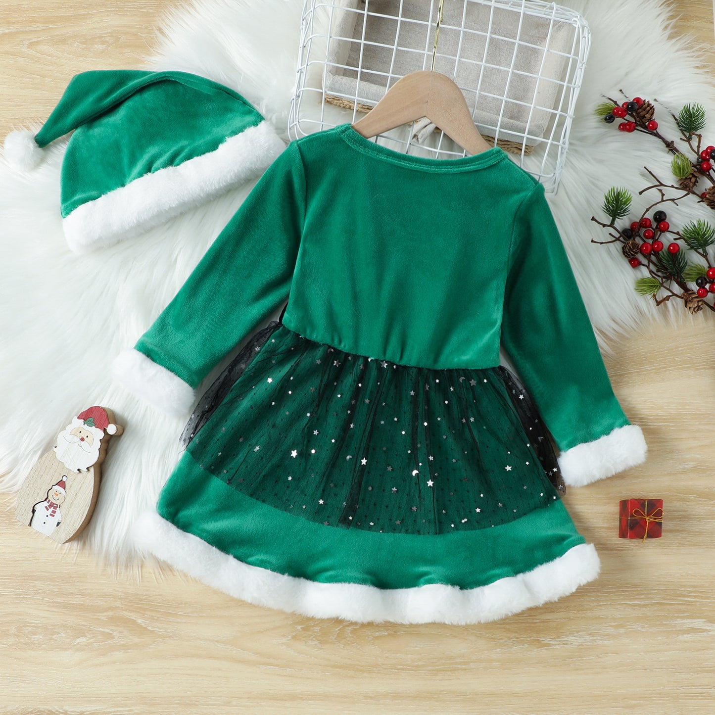 Girls' Christmas Long Sleeve Korean Velvet Dress
