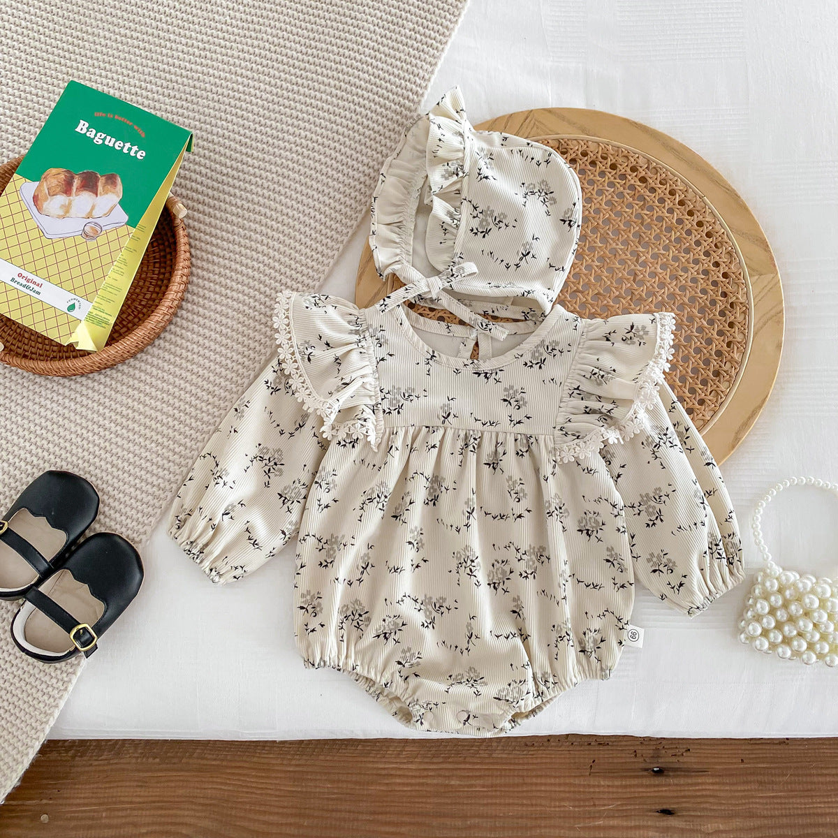 Spring And Autumn Long-sleeve Jumpsuit Baby Girl Corduroy Round Neck Floral