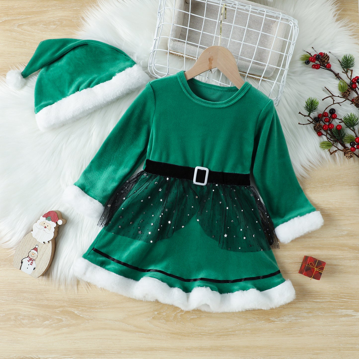 Girls' Christmas Long Sleeve Korean Velvet Dress
