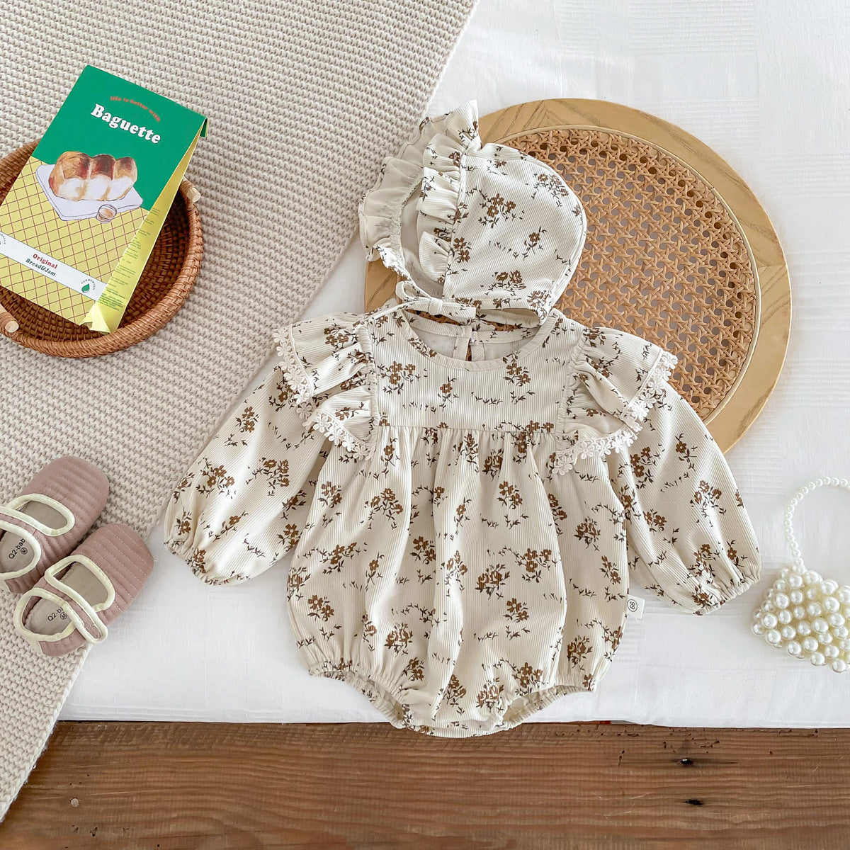 Spring And Autumn Long-sleeve Jumpsuit Baby Girl Corduroy Round Neck Floral