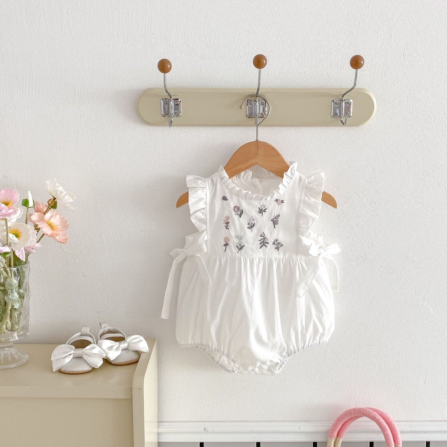 Embroidery Floral Side Waist Bow Baby And Infants Romper