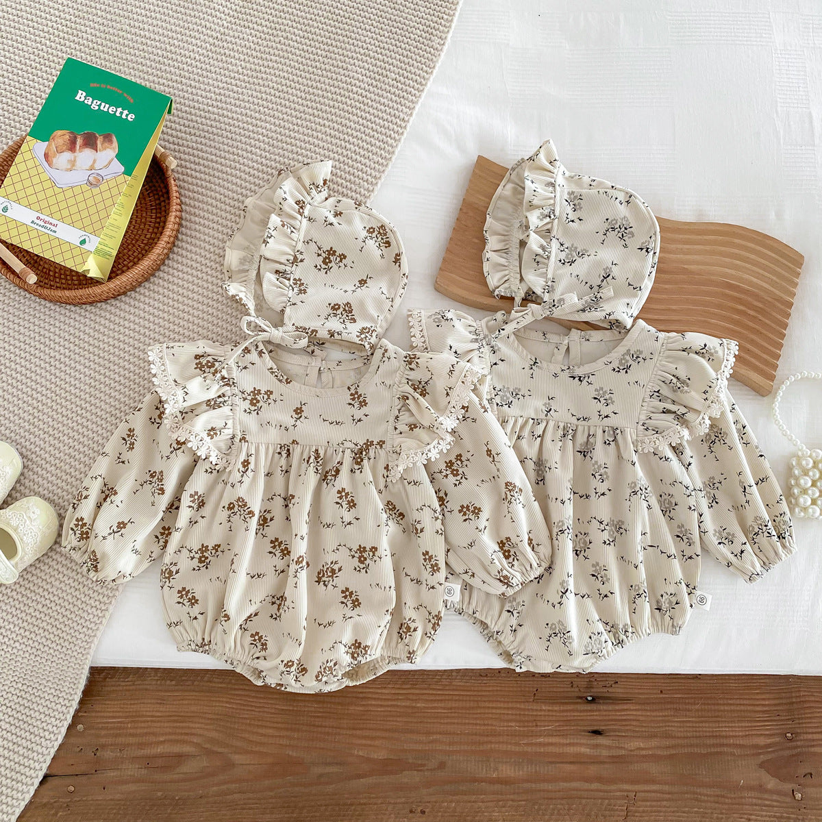 Spring And Autumn Long-sleeve Jumpsuit Baby Girl Corduroy Round Neck Floral