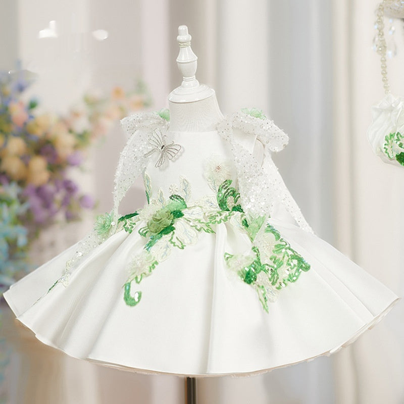 White Princess Puffy Skirt With Beaded Flowers