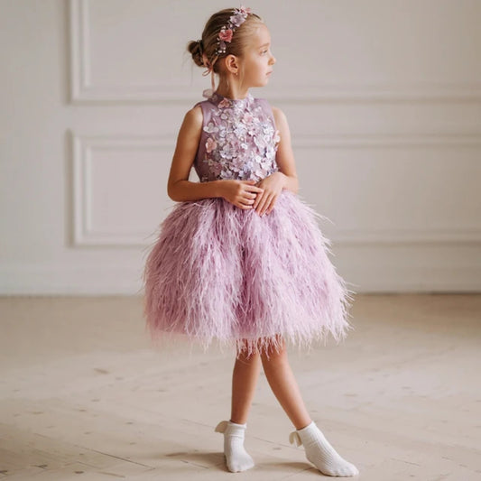 Sleeveless Birthday Tutu Dress With Floral Design For Girls