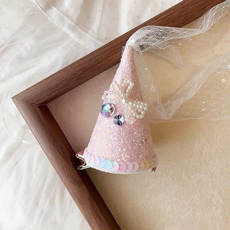 Birthday Hat Feather Pearl Tassel Snap Button Children Side Clip Hair Accessories
