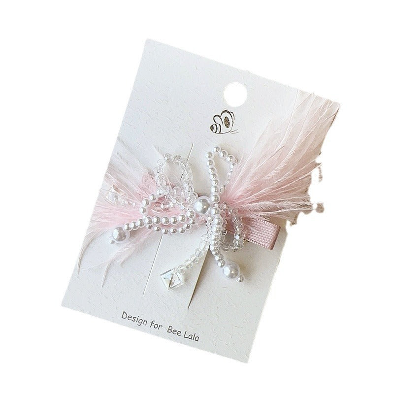 Birthday Hat Feather Pearl Tassel Snap Button Children Side Clip Hair Accessories
