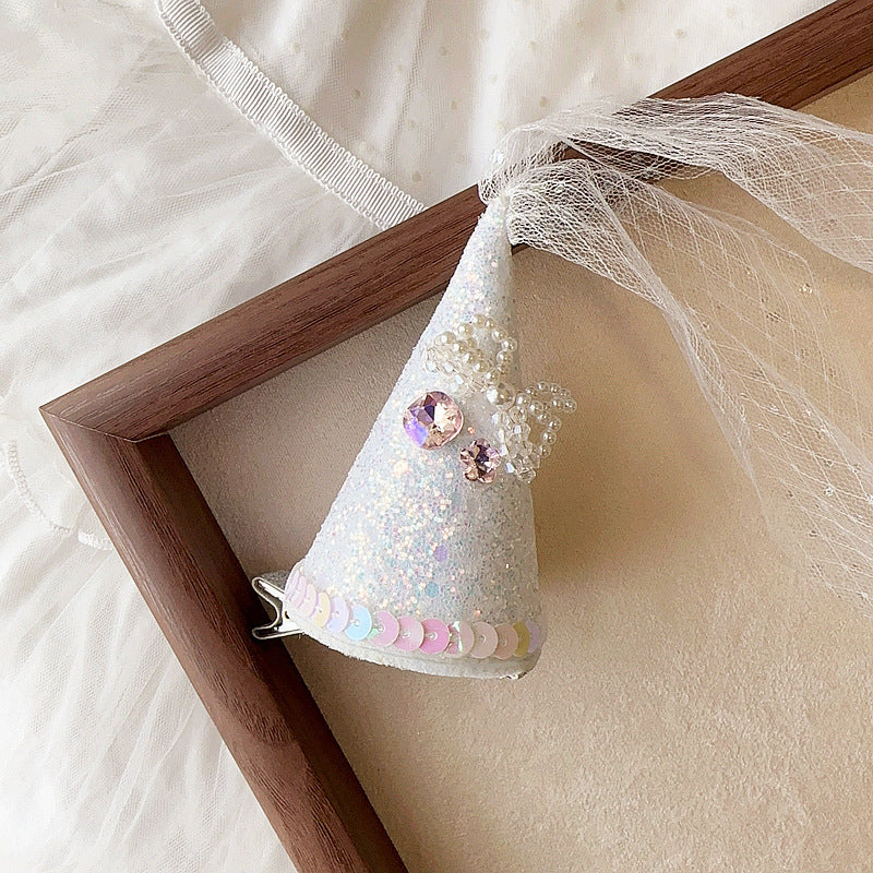 Birthday Hat Feather Pearl Tassel Snap Button Children Side Clip Hair Accessories
