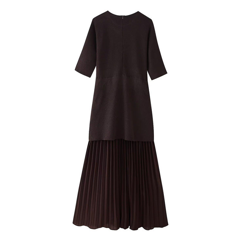 Fashionable Elegant Brown Patchwork Pleated Dress
