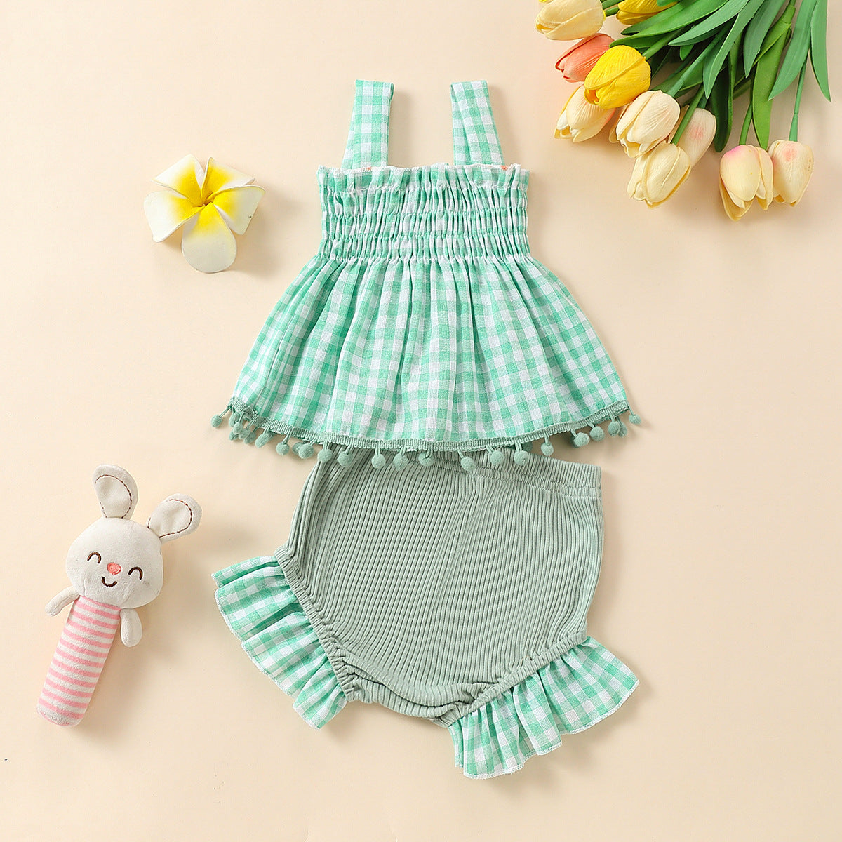 Baby Girl Cute Plaid Sling Half-length Lace Skirt Shorts Two-piece Suit