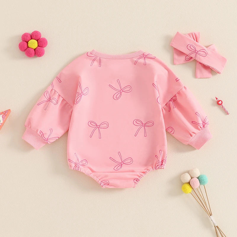 Baby Girl Minimalist Bowknot Printed Long Sleeve Triangle One-piece Romper