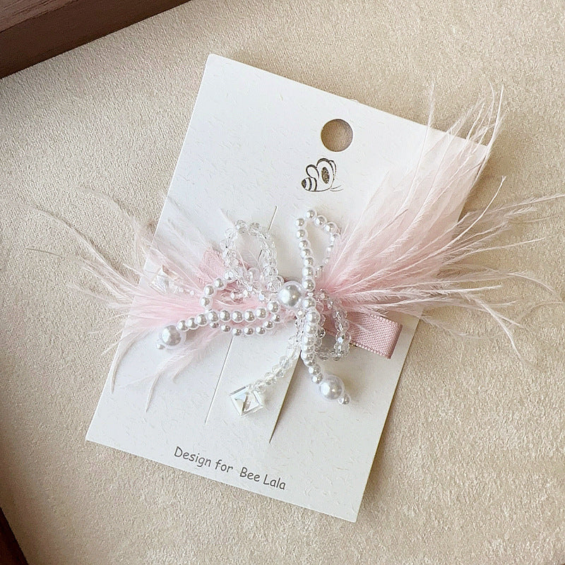 Birthday Hat Feather Pearl Tassel Snap Button Children Side Clip Hair Accessories