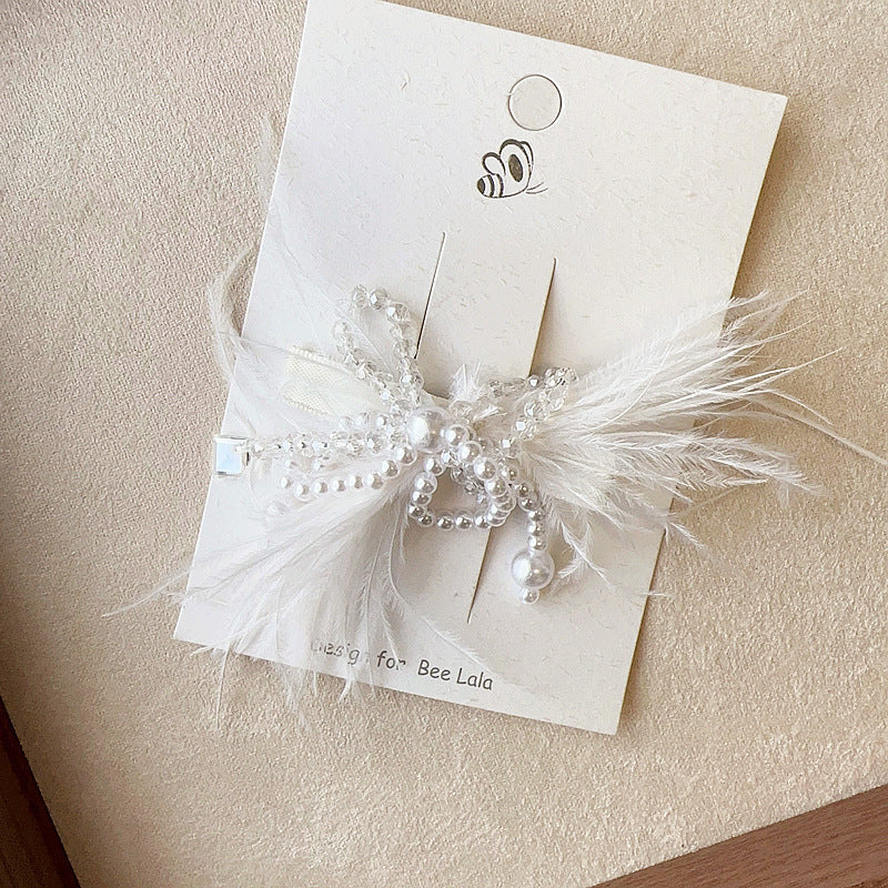 Birthday Hat Feather Pearl Tassel Snap Button Children Side Clip Hair Accessories
