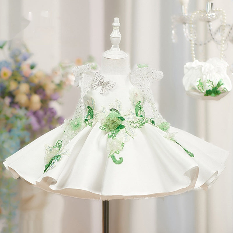White Princess Puffy Skirt With Beaded Flowers