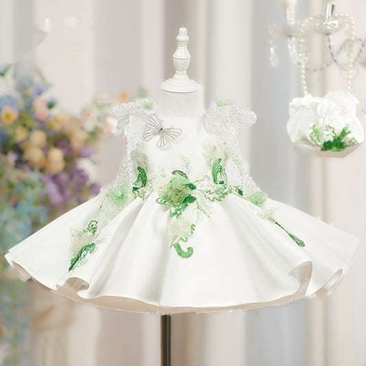 White Princess Puffy Skirt With Beaded Flowers