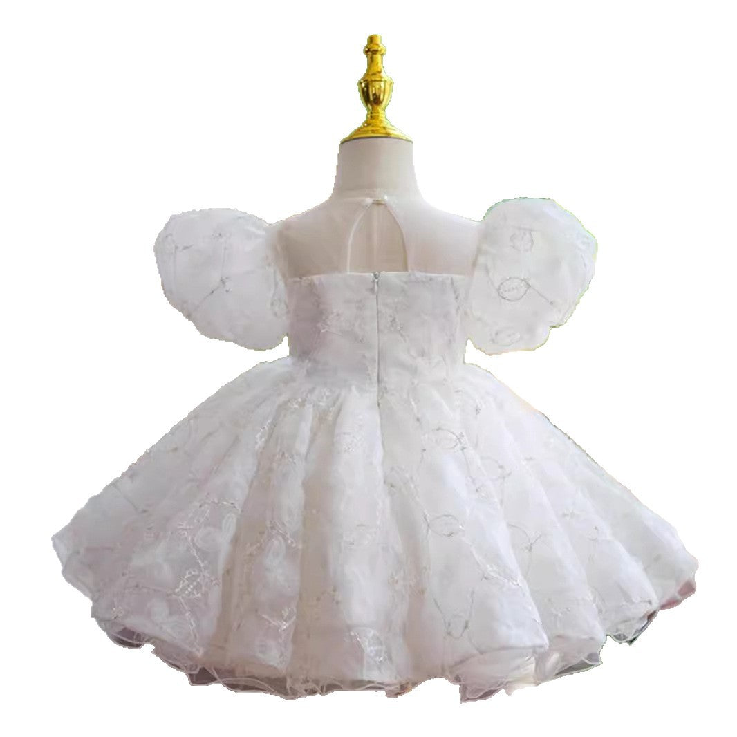 Girls' 100-day Birthday Party New Beige Puff Sleeve Super Fairy Princess Dress