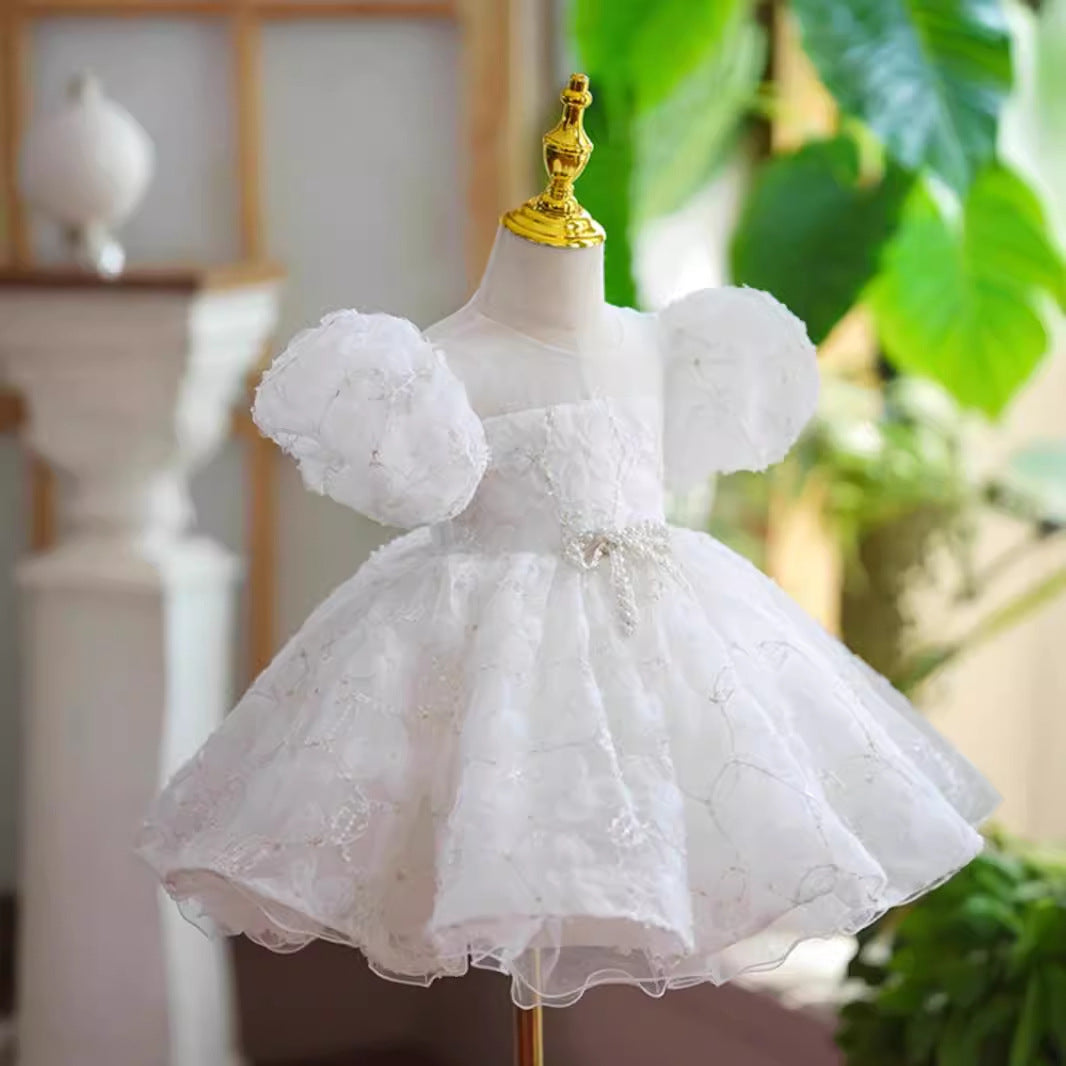 Girls' 100-day Birthday Party New Beige Puff Sleeve Super Fairy Princess Dress