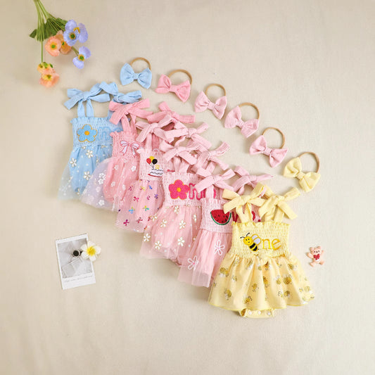 Baby Girl Smocking Embroidery Mesh Spaghetti-strap Dress