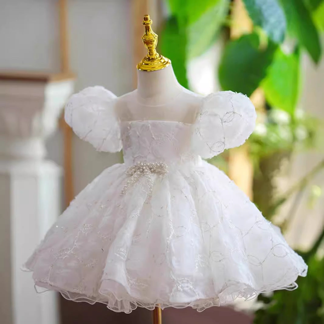 Girls' 100-day Birthday Party New Beige Puff Sleeve Super Fairy Princess Dress