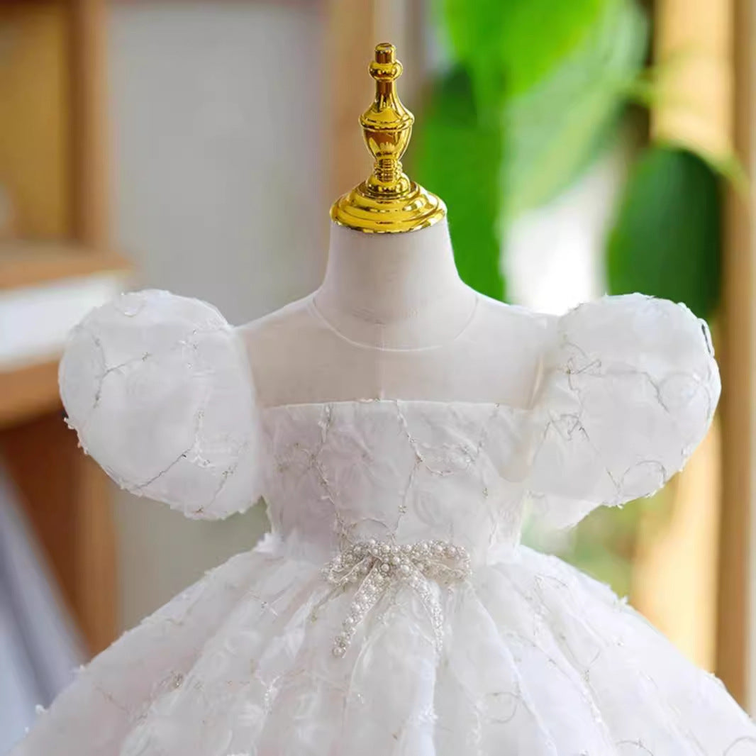 Girls' 100-day Birthday Party New Beige Puff Sleeve Super Fairy Princess Dress