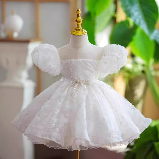 Girls' 100-day Birthday Party New Beige Puff Sleeve Super Fairy Princess Dress