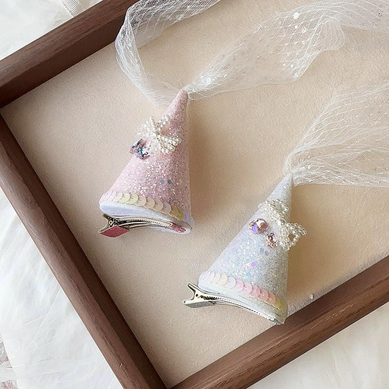 Birthday Hat Feather Pearl Tassel Snap Button Children Side Clip Hair Accessories