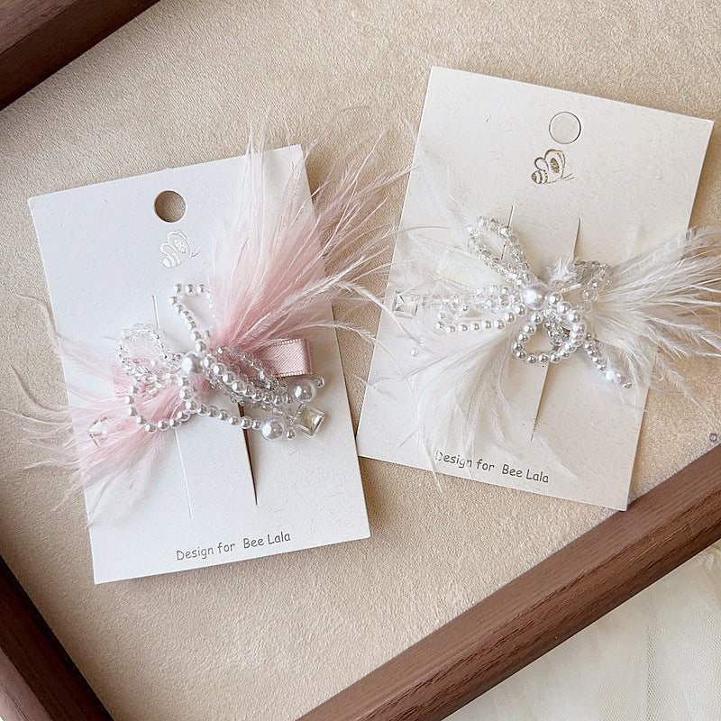 Birthday Hat Feather Pearl Tassel Snap Button Children Side Clip Hair Accessories