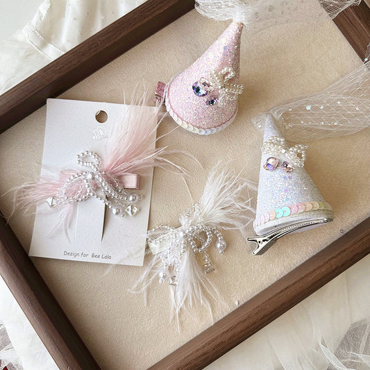 Birthday Hat Feather Pearl Tassel Snap Button Children Side Clip Hair Accessories