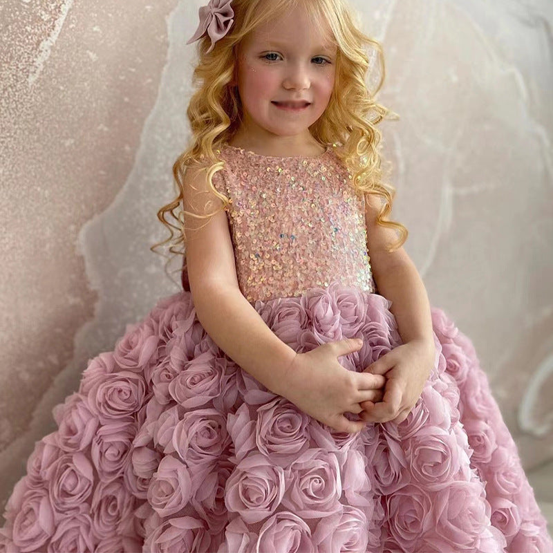 Western-style Rose Princess Dress For Little Girls