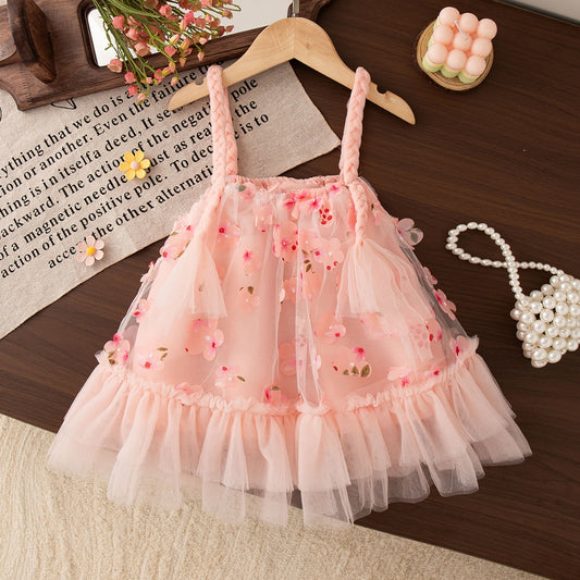 Summer New Floral Chiffon Baby Girl Princess Dress, Sweet Pink Sling Children'S Clothing For Birthday Parties (6 Months -3 Years Old)