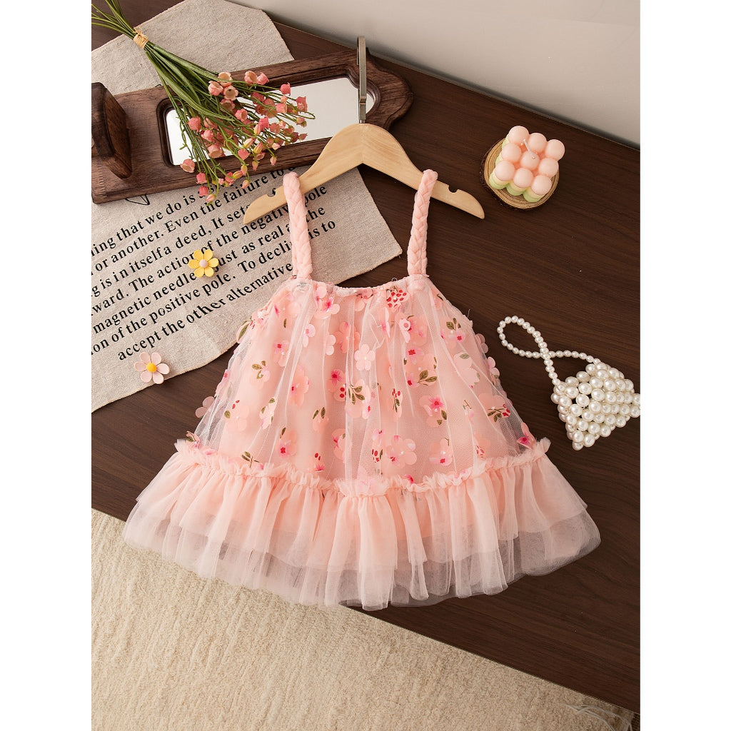 Summer New Floral Chiffon Baby Girl Princess Dress, Sweet Pink Sling Children'S Clothing For Birthday Parties (6 Months -3 Years Old)