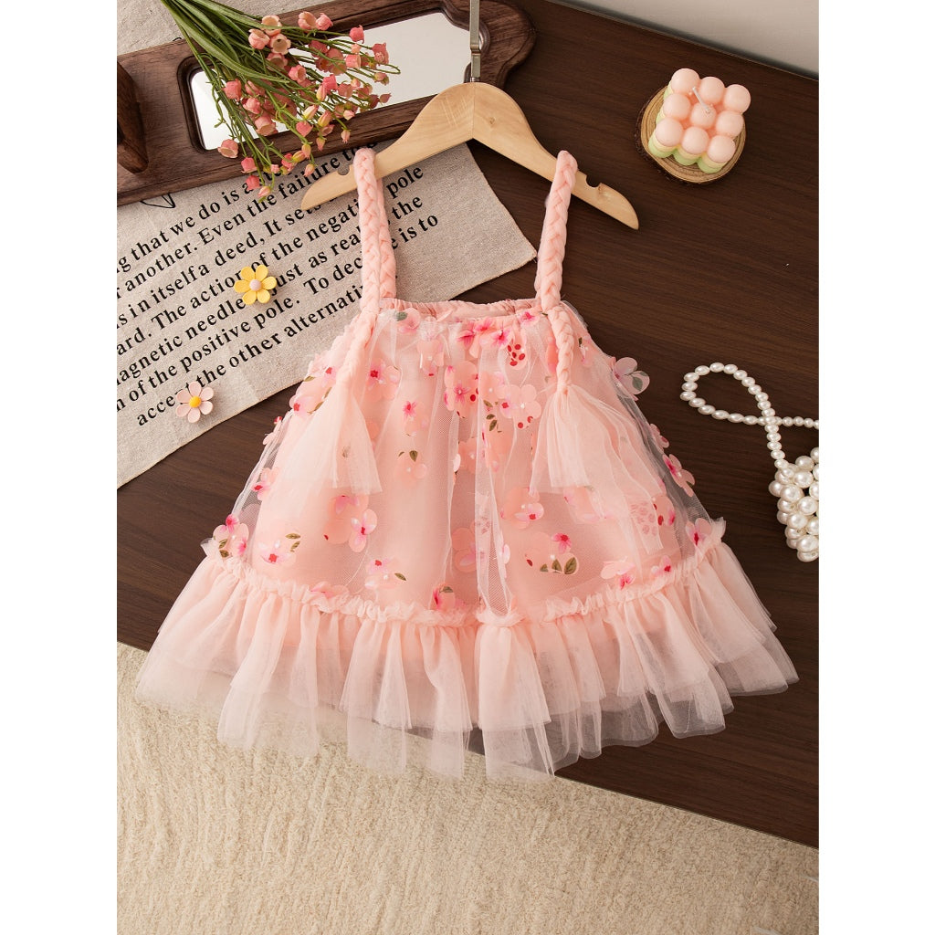 Summer New Floral Chiffon Baby Girl Princess Dress, Sweet Pink Sling Children'S Clothing For Birthday Parties (6 Months -3 Years Old)