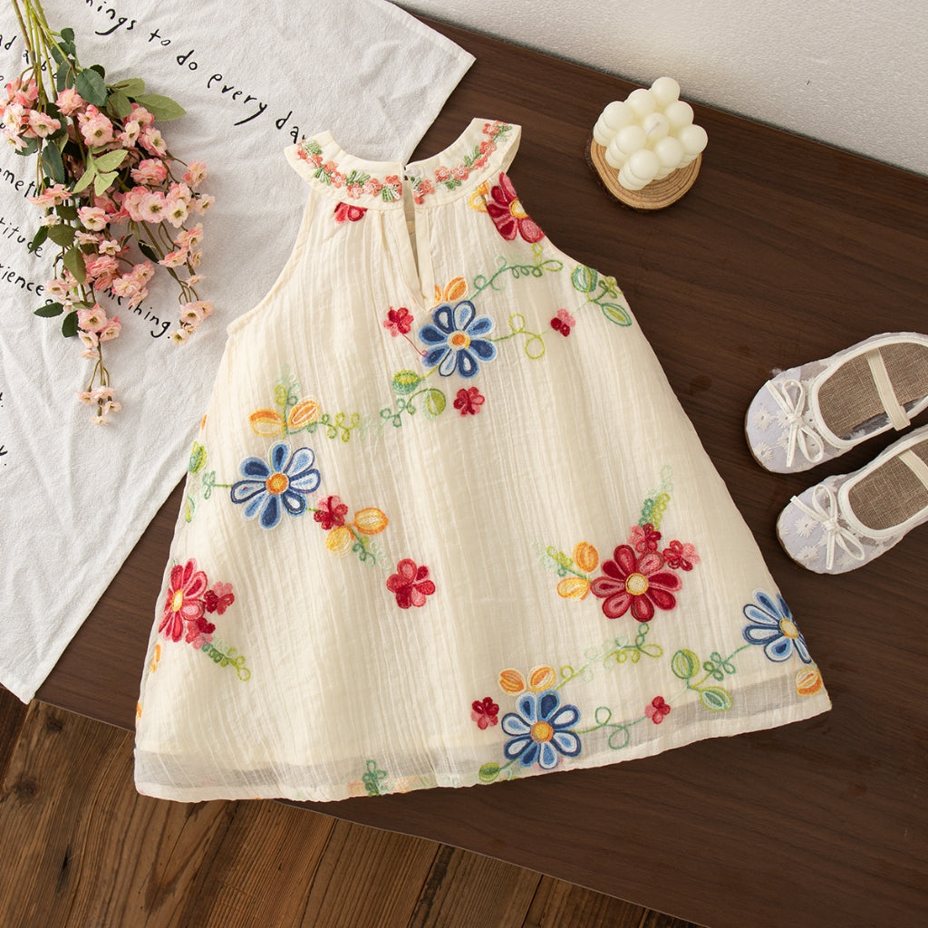 Summer New Bohemian Style Baby Girl Dress, Sweet Colored Flower Embroidery Children'S Sleeveless Clothes For Beach Party (6 Months -4 Years Old)