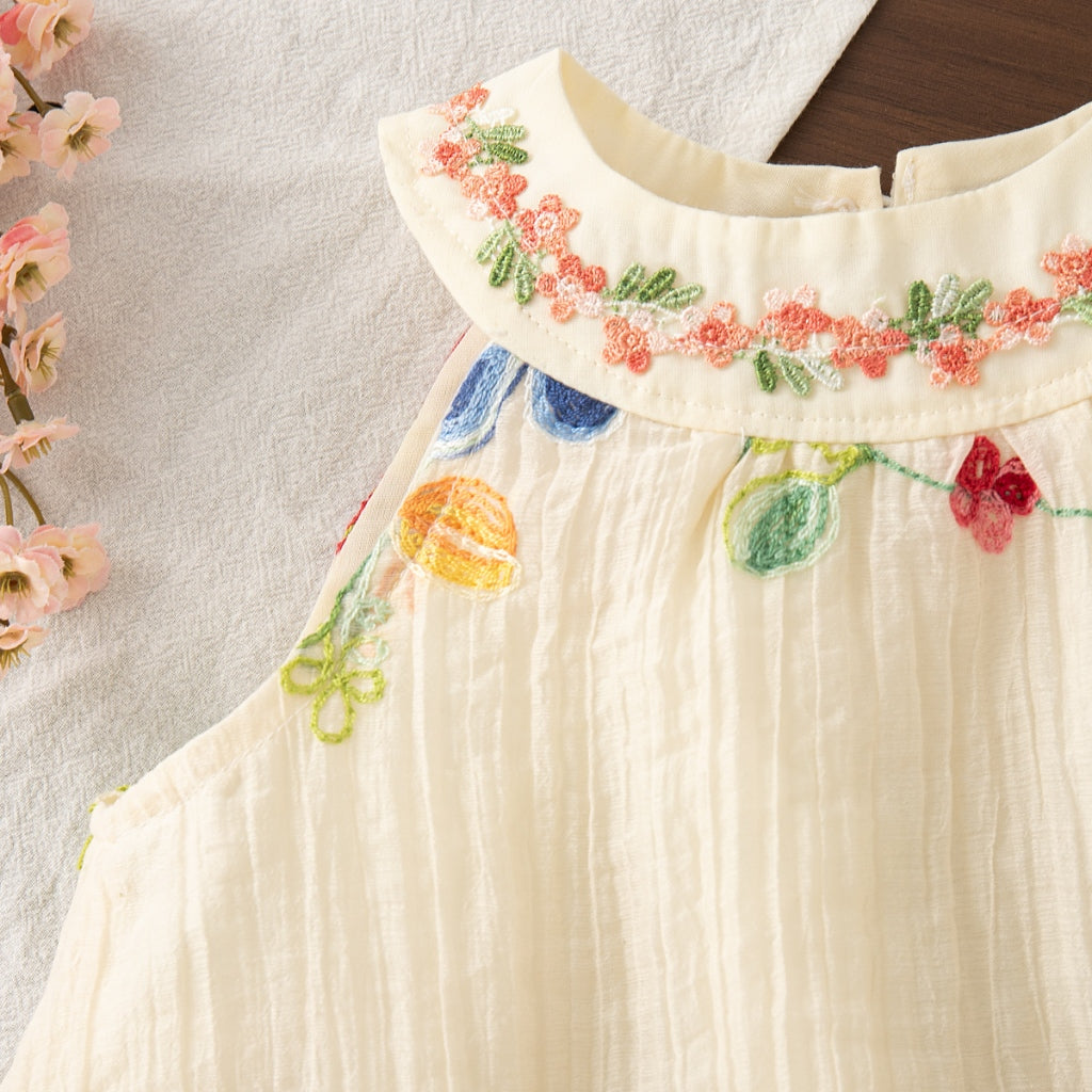 Summer New Bohemian Style Baby Girl Dress, Sweet Colored Flower Embroidery Children'S Sleeveless Clothes For Beach Party (6 Months -4 Years Old)
