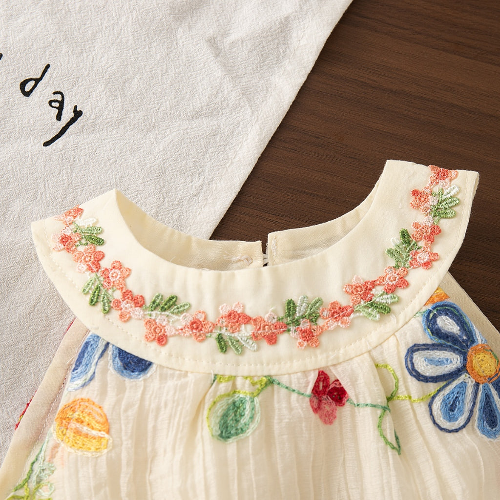 Summer New Bohemian Style Baby Girl Dress, Sweet Colored Flower Embroidery Children'S Sleeveless Clothes For Beach Party (6 Months -4 Years Old)