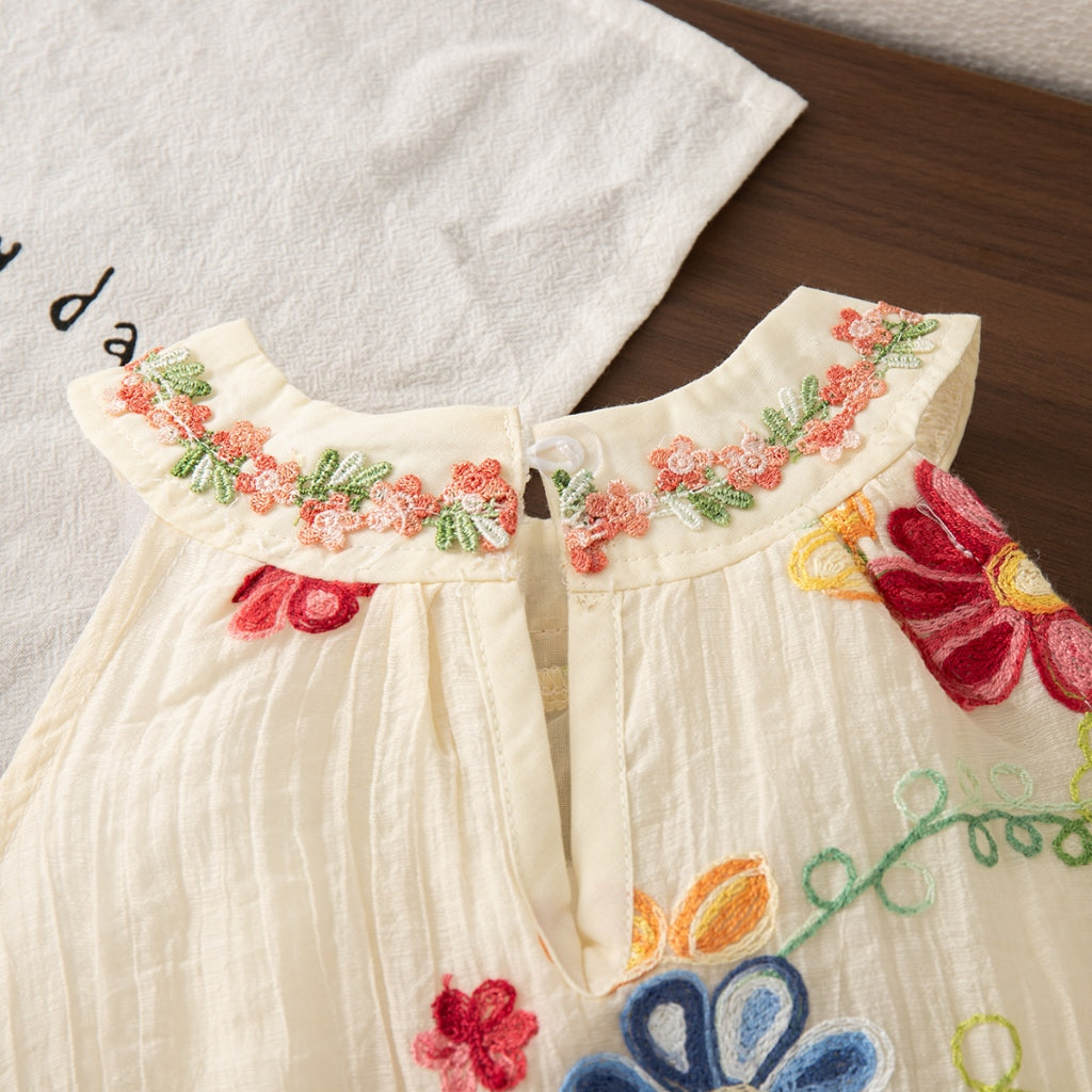 Summer New Bohemian Style Baby Girl Dress, Sweet Colored Flower Embroidery Children'S Sleeveless Clothes For Beach Party (6 Months -4 Years Old)