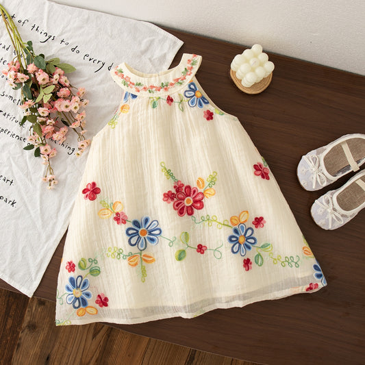 Summer New Bohemian Style Baby Girl Dress, Sweet Colored Flower Embroidery Children'S Sleeveless Clothes For Beach Party (6 Months -4 Years Old)