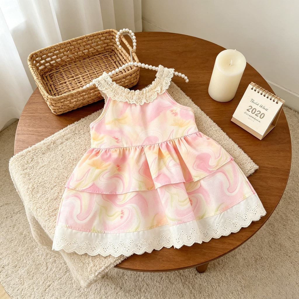 Summer sleeveless ruffled lace dress for baby girls, toddler fashion, sweet style, walking practice clothing, ages 0–4 years