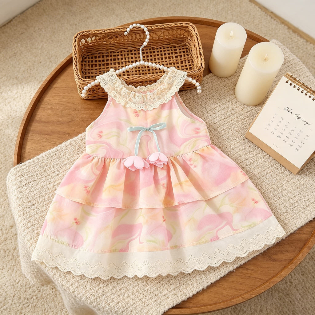 Summer sleeveless ruffled lace dress for baby girls, toddler fashion, sweet style, walking practice clothing, ages 0–4 years