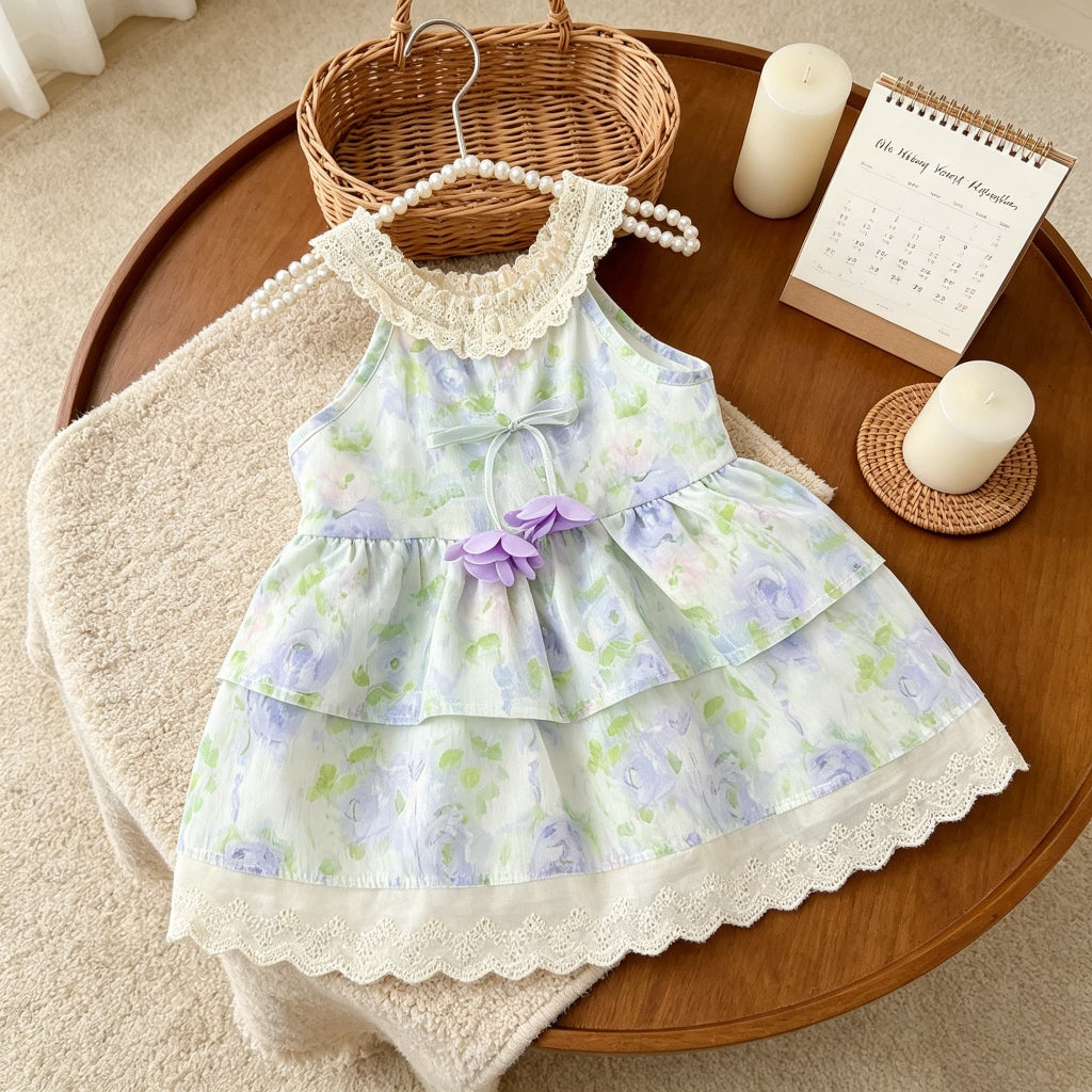 Summer sleeveless ruffled lace dress for baby girls, toddler fashion, sweet style, walking practice clothing, ages 0–4 years