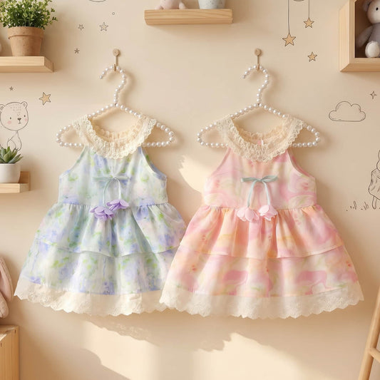 Summer sleeveless ruffled lace dress for baby girls, toddler fashion, sweet style, walking practice clothing, ages 0–4 years