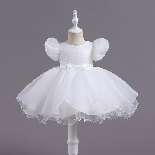 Sequined Puff Sleeve Lace Mesh Bubble Skirt Dance Performance Dress