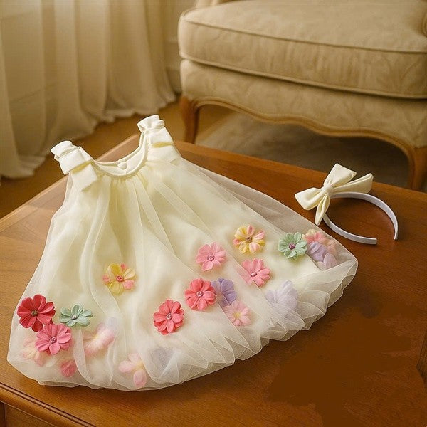 [FREE Woven Bag - Exclusive] A-line Dress Puffed Floral Mesh Combo Casual 3D Flower Embellishment 4-16kg