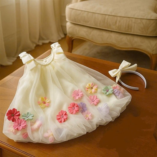 [FREE Woven Bag - Exclusive] A-line Dress Puffed Floral Mesh Combo Casual 3D Flower Embellishment 4-16kg