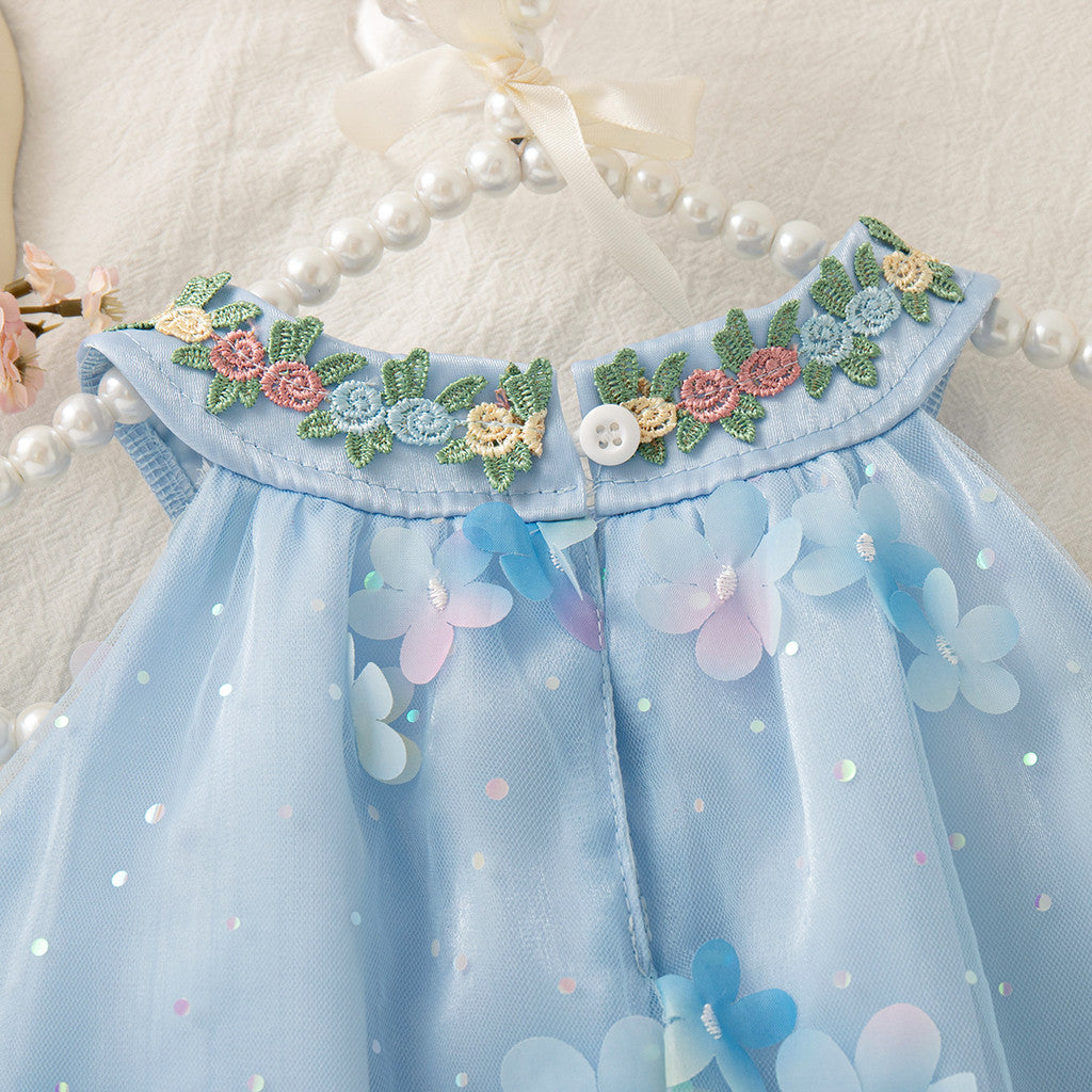 Christmas Party Dress! Summer New Floral Chiffon Baby Girl Dress, Sweet Blue Children'S Clothing (6 Months -4 Years Old)