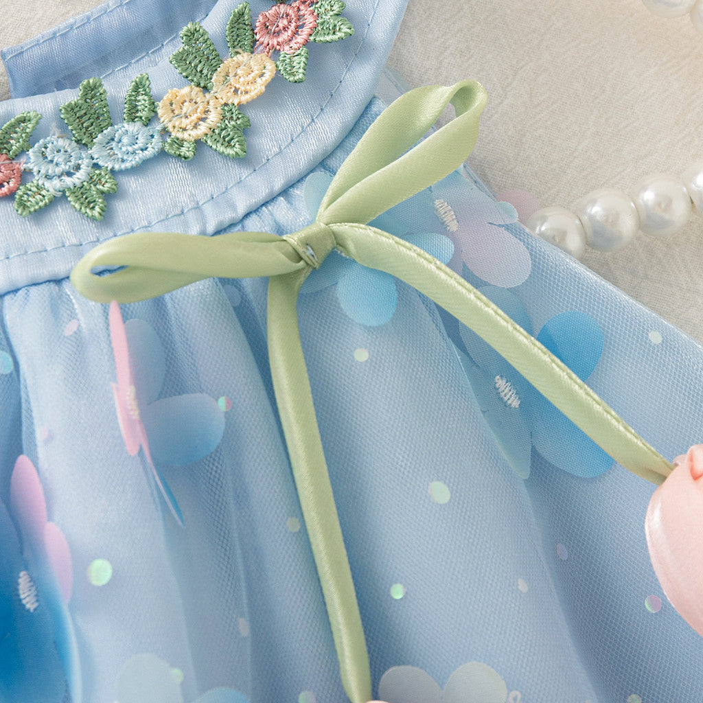 Christmas Party Dress! Summer New Floral Chiffon Baby Girl Dress, Sweet Blue Children'S Clothing (6 Months -4 Years Old)